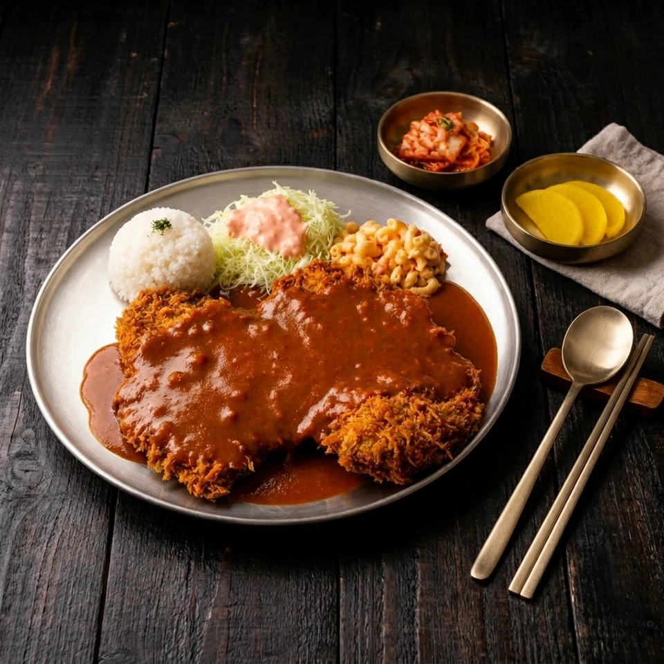 Donkatsu with rice and salad